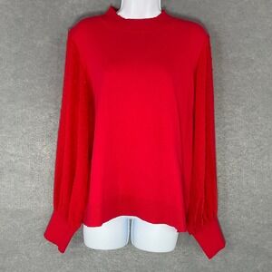 CeCe‎ Sweater Top Sz L Red Mock Neck Swiss Dot Sheer Sleeves Romantic Date Night